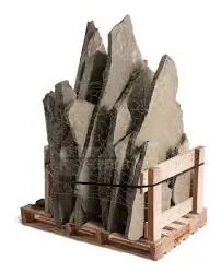 Heavy irregular slate standing up in a crate